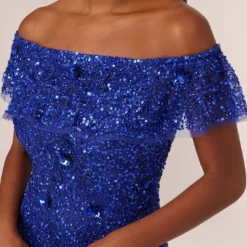 Adrianna Papell Beaded Off The Shoulder Mermaid Gown With Flutter Neck In Ultra Blue -Cheap Vesta Gleam Store AP1E210785 AZ401 Regular Detail