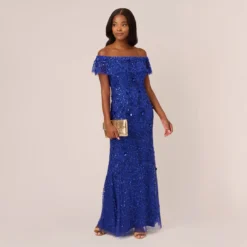 Adrianna Papell Beaded Off The Shoulder Mermaid Gown With Flutter Neck In Ultra Blue -Cheap Vesta Gleam Store AP1E210785 AZ401 Regular Side
