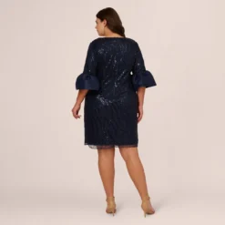Adrianna Papell Plus Size Sequin Embroidered Dress With Taffeta Bell Sleeves In Midnight -Cheap Vesta Gleam Store AP1E210796 AB411 Plus Back
