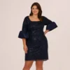 Adrianna Papell Plus Size Sequin Embroidered Dress With Taffeta Bell Sleeves In Midnight