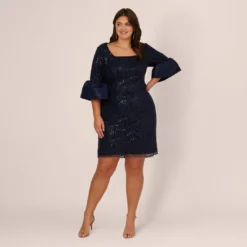 Adrianna Papell Plus Size Sequin Embroidered Dress With Taffeta Bell Sleeves In Midnight -Cheap Vesta Gleam Store AP1E210796 AB411 Plus Front