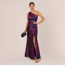 Adrianna Papell One Shoulder Jacquard Mermaid Gown With Drape Detail In Navy Orchid -Cheap Vesta Gleam Store AP1E210810 BG411 Regular Side