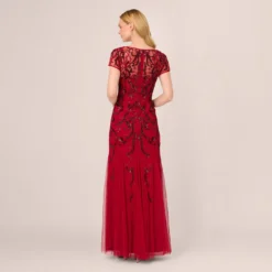 Adrianna Papell Short Sleeve Beaded Gown With Godet Skirt In Cranberry -Cheap Vesta Gleam Store AP1E210813 AD601 Regular Back