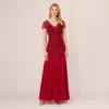 Adrianna Papell Short Sleeve Beaded Gown With Godet Skirt In Cranberry