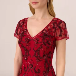 Adrianna Papell Short Sleeve Beaded Gown With Godet Skirt In Cranberry -Cheap Vesta Gleam Store AP1E210813 AD601 Regular Detail