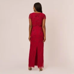 Adrianna Papell Beaded Scalloped Popover Gown With Short Sleeves In Cranberry -Cheap Vesta Gleam Store AP1E210817 AD601 Regular Back