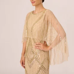 Adrianna Papell Scallop Beaded Cape Column Gown In Gold -Cheap Vesta Gleam Store AP1E210818 AA038 Regular Detail