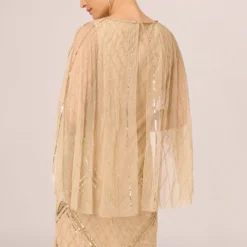 Adrianna Papell Scallop Beaded Cape Column Gown In Gold -Cheap Vesta Gleam Store AP1E210818 AA038 Regular Lifestyle