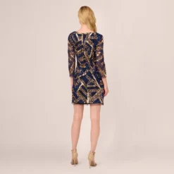 Adrianna Papell Geo Beaded Dress With Three Quarter Sleeves In Black Multi -Cheap Vesta Gleam Store AP1E210831 AA963 Regular Back