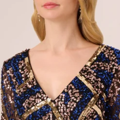 Adrianna Papell Geo Beaded Dress With Three Quarter Sleeves In Black Multi -Cheap Vesta Gleam Store AP1E210831 AA963 Regular Detail