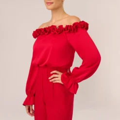 Adrianna Papell Satin Crepe Blouson Jumpsuit With Rosette Trim In Hot Ruby -Cheap Vesta Gleam Store AP1E210833 AU610 Regular Lifestyle