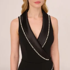 Adrianna Papell Sleeveless Crepe Tuxedo Jumpsuit With Pearl Trim In Black -Cheap Vesta Gleam Store AP1E210836 AA002 Regular Detail