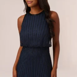 Adrianna Papell Line Beaded Blouson Mermaid Gown With Halter Neckline In Navy Black -Cheap Vesta Gleam Store AP1E210842 AB410 Regular Detail