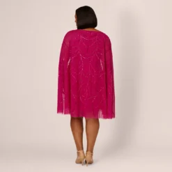 Adrianna Papell Plus Size Sequin Beaded Cape Dress With Illusion Neckline In Hot Orchid -Cheap Vesta Gleam Store AP1E210846 BA670 Plus Back