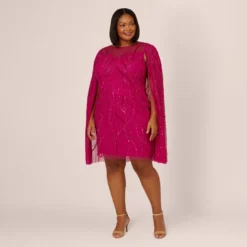 Adrianna Papell Plus Size Sequin Beaded Cape Dress With Illusion Neckline In Hot Orchid -Cheap Vesta Gleam Store AP1E210846 BA670 Plus Front