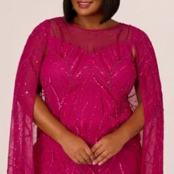 Adrianna Papell Plus Size Sequin Beaded Cape Dress With Illusion Neckline In Hot Orchid -Cheap Vesta Gleam Store AP1E210846 BA670 Plus Lifestyle