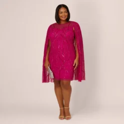 Adrianna Papell Plus Size Sequin Beaded Cape Dress With Illusion Neckline In Hot Orchid -Cheap Vesta Gleam Store AP1E210846 BA670 Plus Side