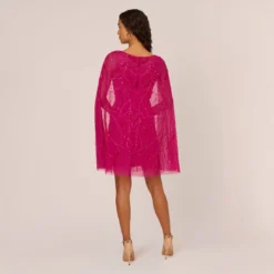 Adrianna Papell Sequin Beaded Cape Dress With Illusion Neckline In Hot Orchid -Cheap Vesta Gleam Store AP1E210846 BA670 Regular Back