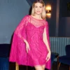 Adrianna Papell Sequin Beaded Cape Dress With Illusion Neckline In Hot Orchid