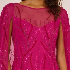 Adrianna Papell Sequin Beaded Cape Dress With Illusion Neckline In Hot Orchid -Cheap Vesta Gleam Store AP1E210846 BA670 Regular Detail