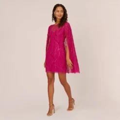 Adrianna Papell Sequin Beaded Cape Dress With Illusion Neckline In Hot Orchid -Cheap Vesta Gleam Store AP1E210846 BA670 Regular Front