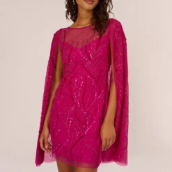 Adrianna Papell Sequin Beaded Cape Dress With Illusion Neckline In Hot Orchid -Cheap Vesta Gleam Store AP1E210846 BA670 Regular Lifestyle