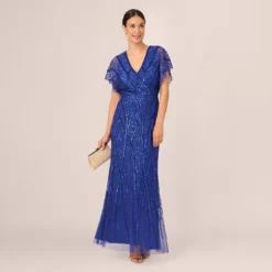 Adrianna Papell Beaded Mermaid Gown With Dolman Sleeves In Ultra Blue -Cheap Vesta Gleam Store AP1E210884 AZ401 Regular Detail