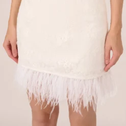 Adrianna Papell Sleeveless Floral Lace Dress With Feather Trim In Ivory -Cheap Vesta Gleam Store AP1E210888 AA194 Regular Lifestyle