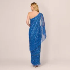 Adrianna Papell One Shoulder Beaded Column Gown With Draped Sleeve In Blue Horizon -Cheap Vesta Gleam Store AP1E210904 AD402 Regular Back