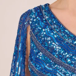 Adrianna Papell One Shoulder Beaded Column Gown With Draped Sleeve In Blue Horizon -Cheap Vesta Gleam Store AP1E210904 AD402 Regular Detail