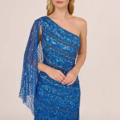 Adrianna Papell One Shoulder Beaded Column Gown With Draped Sleeve In Blue Horizon -Cheap Vesta Gleam Store AP1E210904 AD402 Regular Lifestyle