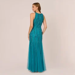 Adrianna Papell Beaded Halter Gown With Godet Skirt In Teal -Cheap Vesta Gleam Store AP1E210908 AD473 Regular Back