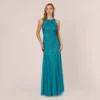Adrianna Papell Beaded Halter Gown With Godet Skirt In Teal