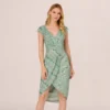 Adrianna Papell Beaded Faux Wrap Dress With Sheer Cap Sleeves In Icy Sage
