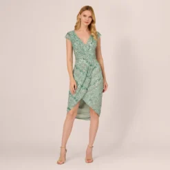 Adrianna Papell Beaded Faux Wrap Dress With Sheer Cap Sleeves In Icy Sage -Cheap Vesta Gleam Store AP1E210922 AB334 Regular Front