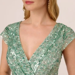Adrianna Papell Beaded Faux Wrap Dress With Sheer Cap Sleeves In Icy Sage -Cheap Vesta Gleam Store AP1E210922 AB334 Regular Lifestyle