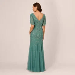 Adrianna Papell Beaded Mermaid Gown With Sheer Petal Sleeves In Green Slate -Cheap Vesta Gleam Store AP1E210923 AA355 Regular Back