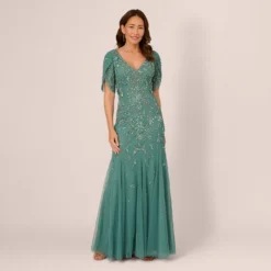 Adrianna Papell Beaded Mermaid Gown With Sheer Petal Sleeves In Green Slate