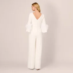 Adrianna Papell Stretch Crepe Jumpsuit With Feather Trim Bell Sleeves In Ivory -Cheap Vesta Gleam Store AP1E210969 AA194 Regular Back
