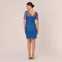 Adrianna Papell 3D Floral Beaded Dress With Sheer Short Sleeves In Blue Horizon -Cheap Vesta Gleam Store AP1E210974 AD402 Regular Back