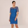 Adrianna Papell 3D Floral Beaded Dress With Sheer Short Sleeves In Blue Horizon