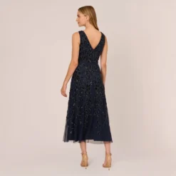 Adrianna Papell Floral Beaded Ankle Length Sleeveless Gown In Navy -Cheap Vesta Gleam Store AP1E211056 AA412 Regular Back