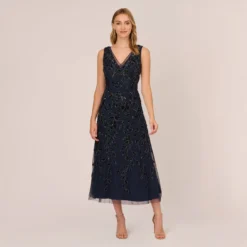 Adrianna Papell Floral Beaded Ankle Length Sleeveless Gown In Navy