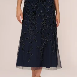 Adrianna Papell Floral Beaded Ankle Length Sleeveless Gown In Navy -Cheap Vesta Gleam Store AP1E211056 AA412 Regular Lifestyle