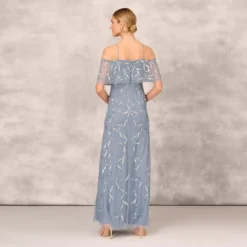 Hand Beaded Cold Shoulder Popover Long A-Line Gown In Vintage Blue -Cheap Vesta Gleam Store MD1E205785 AC466 Regular Back