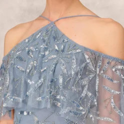 Hand Beaded Cold Shoulder Popover Long A-Line Gown In Vintage Blue -Cheap Vesta Gleam Store MD1E205785 AC466 Regular Detail
