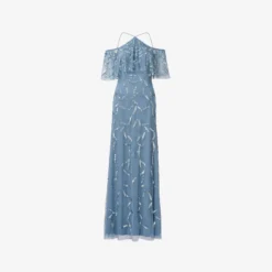 Hand Beaded Cold Shoulder Popover Long A-Line Gown In Vintage Blue -Cheap Vesta Gleam Store MD1E205785 AC466 Regular Flat