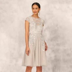 Hand Beaded Illusion Midi-Length Fit-And-Flare Cocktail Dress In Silver