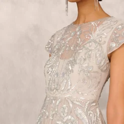 Hand Beaded Illusion Midi-Length Fit-And-Flare Cocktail Dress In Silver -Cheap Vesta Gleam Store MD1E206654 AA040 Regular Detail