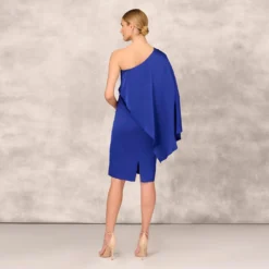 One-Shoulder Satin Draped Sheath Dress With Crepe Back And Cape In Royal Sapphire -Cheap Vesta Gleam Store MD1E206840 AN401 Regular Back